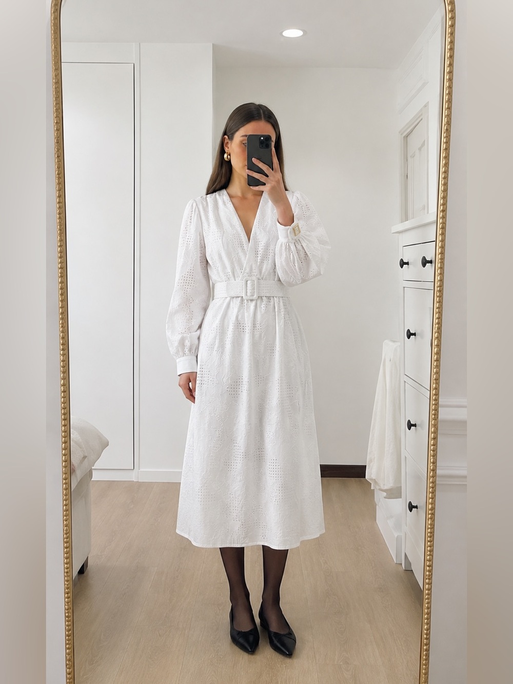 Off-White c/o Virgil Abloh White Eyelet Embroidered Midi Dress with Puff Sleeves